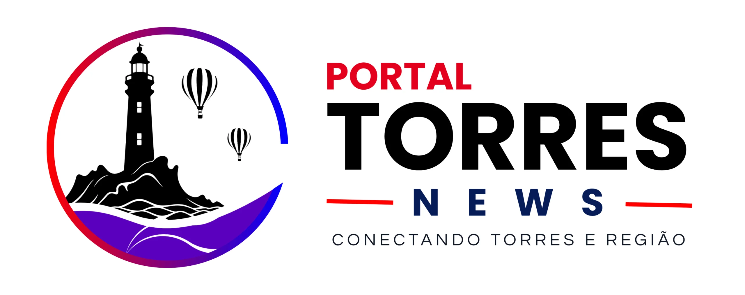 Logotipo na Horizontal Portal Torres News. Escrito o nome do Projeto em branco com fundo em preto e vermelho. Há um farol e balões em preto no ceú juntos a um horizonte de céu azul.